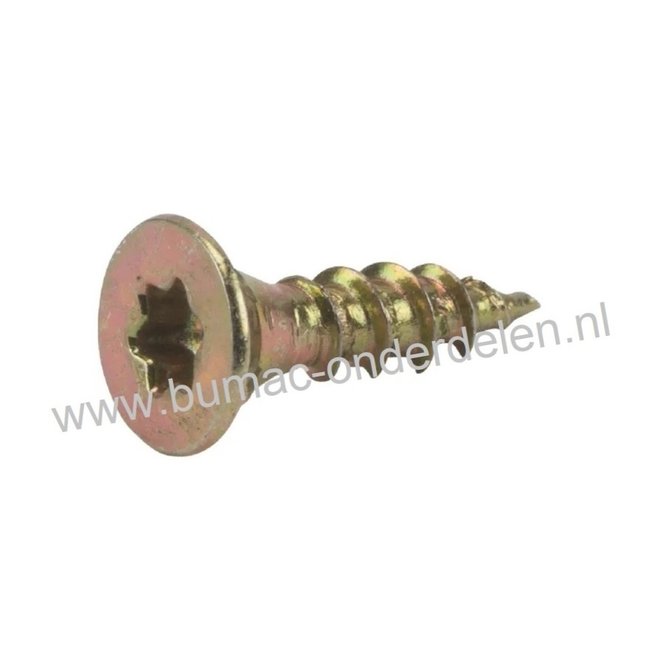 Spaanplaatschroef 3x25 mm Torxkop geel verzinkt, met speciale snijpunt, dubbele verzonken platkop voorzien van freesribben, met aangebrachte waslaag, Torx maat 10, DIN 7962