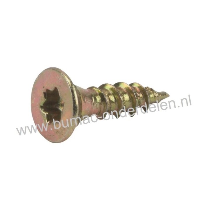 Spaanplaatschroef 5x20 mm Torxkop geel verzinkt, met speciale snijpunt, dubbele verzonken platkop voorzien van freesribben, met aangebrachte waslaag, Torx maat 25, DIN 7962