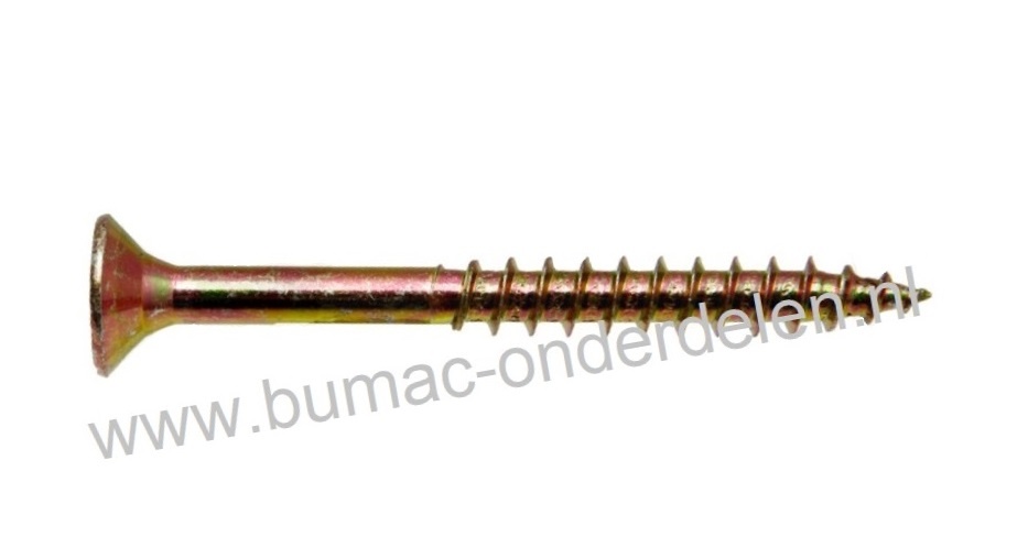 Spaanplaatschroef 5x50 mm Torxkop geel verzinkt, met speciale snijpunt, dubbele verzonken platkop voorzien van freesribben, met aangebrachte waslaag, Torx maat 25, DIN 7962