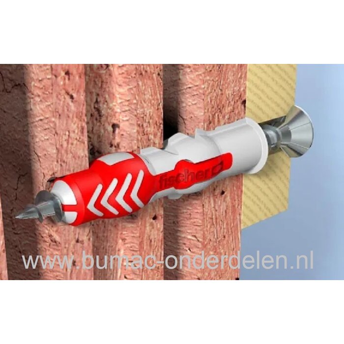Muurplug 10X50 mm + Schroef voor Baksteen, Beton, Gipsplaat, Kalkzandsteen, Cellenbeton, Spaanplaat, Gipsblokken, Natuursteen, Plug Activeert Optimale Werkingsprincipe: Spreiden - Vouwen - Knopen, Afhankelijk van de Ondergrond, De vertande anti-rotatievle