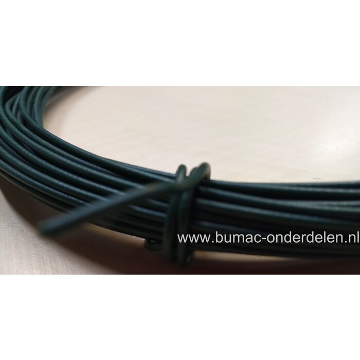 Spandraad van groen geplastificeerd, verzinkt staal, Ø2mmx25m Geschikt voor het spannen van een hekwerk en vele andere toepassingen. Dit draad is geplastificeerd zodat het niet gaat roesten en lange tijd in een goede conditie blijft. hekpalen, tuinhek, dr