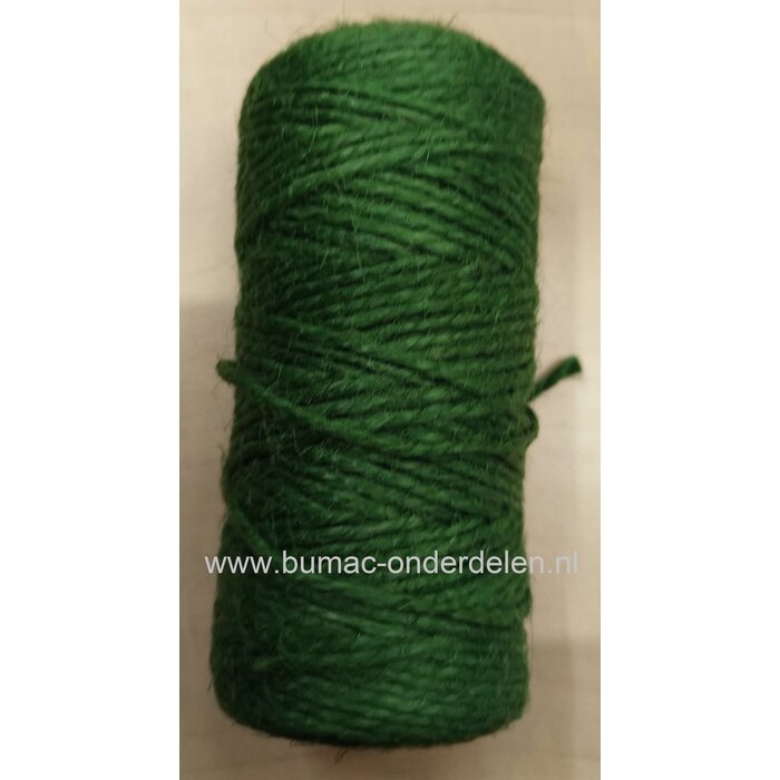 Jute bindtouw, Ø 2 mm en 70 meter op bol. Handig om dingen stevig vast te zetten en verweert bijna niet. Heeft een groene camouflage kleur zodat het in een boeket of struik niet opvalt. Jute wordt dan ook vaak in de tuin gebruikt voor het opbinden van tom