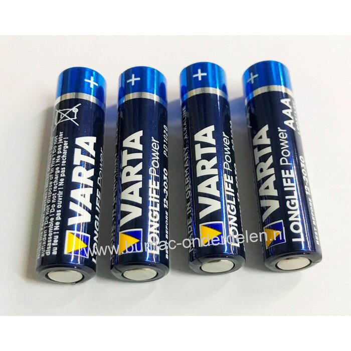 4 x Alkaline AAA Batterijen 1,5 V Zaklamp, Speelgoed, Draadloze Muis - Toetsenbord, Klok, Afstandsbediening, Rekenmachine, Radio, Rookmelder, Weegschaal en ander Huishoudelijke apparatuur VARTA - Type LR03, AM4, MN2400 Lengte 44,4x10,3 mm