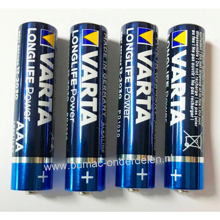 4 x Alkaline AAA Batterijen 1,5 V Zaklamp, Speelgoed, Draadloze Muis - Toetsenbord, Klok, Afstandsbediening, Rekenmachine, Radio, Rookmelder, Weegschaal en ander Huishoudelijke apparatuur VARTA - Type LR03, AM4, MN2400 Lengte 44,4x10,3 mm