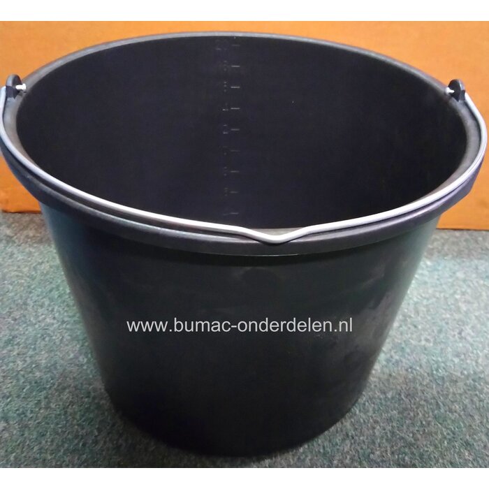 Emmer 20 Ltr, Maat verdeling in Liters aan de zijkant, randversterking, Afmetingen:  hoogte 27,5 cm, Ø 36cm, 20 liter, zwart,  kunststof, Verzinkte beugel  Ø 5 mm, recyclebaar, stevig,  bouwemmer, gereedschapsemmer, huishoudemmer, voeremmer, lekbak, wer