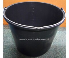 Emmer 5 Ltr, Maat verdeling in Liters aan de zijkant, randversterking, Afmetingen:  hoogte 19 cm, Ø 23,8cm, 12 liter, zwart,  kunststof, Verzinkte beugel  Ø 5 mm, recyclebaar, stevig,  bouwemmer, gereedschapsemmer, huishoudemmer, voeremmer, lekbak, wer