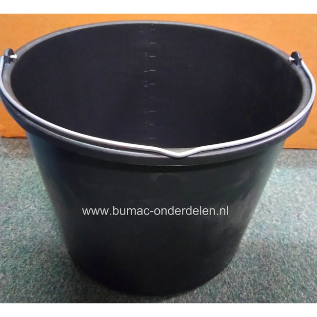 Emmer 5 Ltr, Maat verdeling in Liters aan de zijkant, randversterking, Afmetingen:  hoogte 19 cm, Ø 23,8cm, 12 liter, zwart,  kunststof, Verzinkte beugel  Ø 5 mm, recyclebaar, stevig,  bouwemmer, gereedschapsemmer, huishoudemmer, voeremmer, lekbak, wer