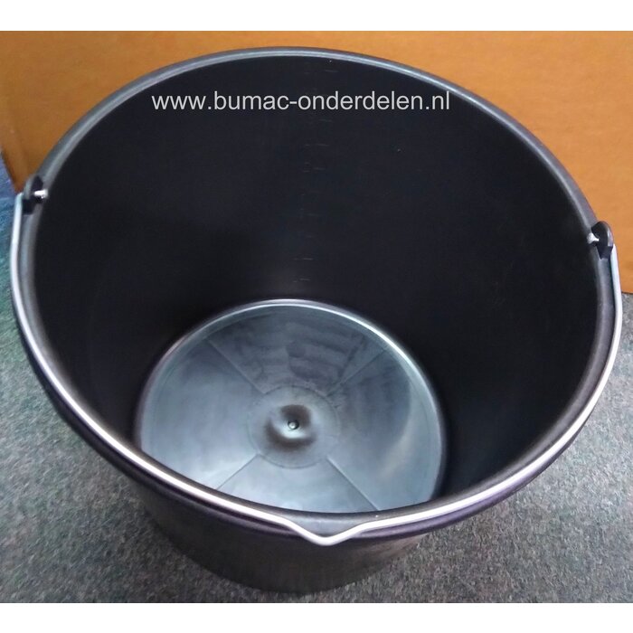 Emmer 5 Ltr, Maat verdeling in Liters aan de zijkant, randversterking, Afmetingen:  hoogte 19 cm, Ø 23,8cm, 12 liter, zwart,  kunststof, Verzinkte beugel  Ø 5 mm, recyclebaar, stevig,  bouwemmer, gereedschapsemmer, huishoudemmer, voeremmer, lekbak, wer