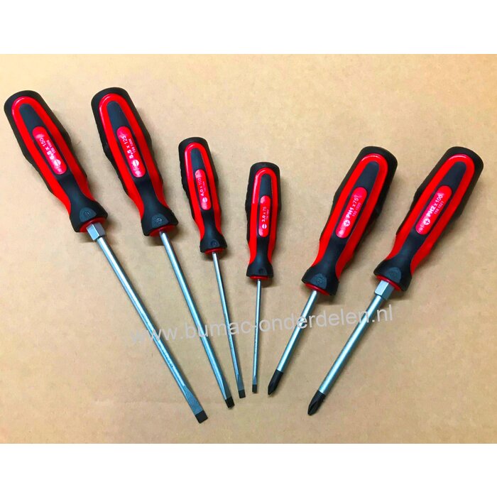 Schroevendraaier set 6-delig bestaande uit kruiskop - platte bek schroevendraaier Zaagsnede: 3 x 75 mm, 4 x 100 mm, 5,5 x 125 mm, 6,5 x 150 mm kruiskop: PH1 x 75 mm, PH2 x 100 mm met 2-componenten greep optimale draai-krachtoverdracht kruiskop schroevendr