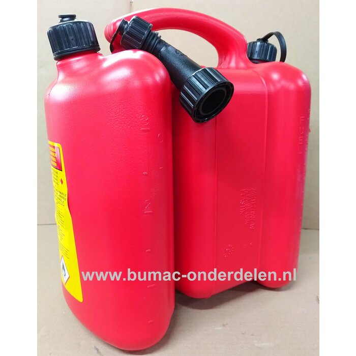 Combi jerrycan, Inclusief een afsluitbare tuit, Schaalverdeling in reliëf ingestanst. oranje, met een dubbel reservoir. De jerrycan heeft een reservoir van 6 liter voor brandstoffen en een reservoir van 3 liter voor olie. UN- gekeurd. Bij de jerrycan word