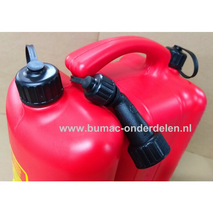Combi jerrycan, Inclusief een afsluitbare tuit, Schaalverdeling in reliëf ingestanst. oranje, met een dubbel reservoir. De jerrycan heeft een reservoir van 6 liter voor brandstoffen en een reservoir van 3 liter voor olie. UN- gekeurd. Bij de jerrycan word