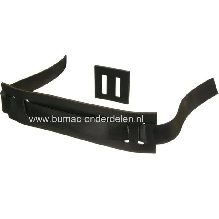 Boommanchet met strip en gesp, Met de gesp kan de lengte van de boomband worden versteld en kan de boomband meegroeien met de dikte van de boom.  Door de boom vast te zetten met boomband, die op de juiste wijze is geplaatst, wordt voorkomen dat hij zal om