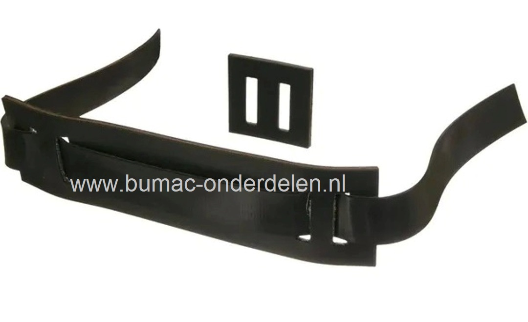 Boommanchet met strip en gesp, Met de gesp kan de lengte van de boomband worden versteld en kan de boomband meegroeien met de dikte van de boom.  Door de boom vast te zetten met boomband, die op de juiste wijze is geplaatst, wordt voorkomen dat hij zal om