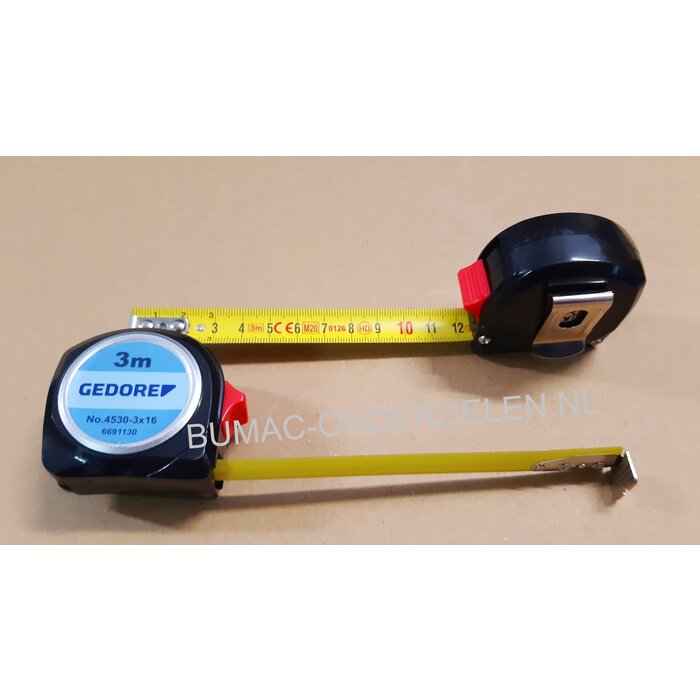 Stalen Rolmaat  3m x 16mm met Bevestigingsclip en Terugloopstop Maten in Millimeters Centimeter, Rolbandmaat, Meetlint, Maatlint