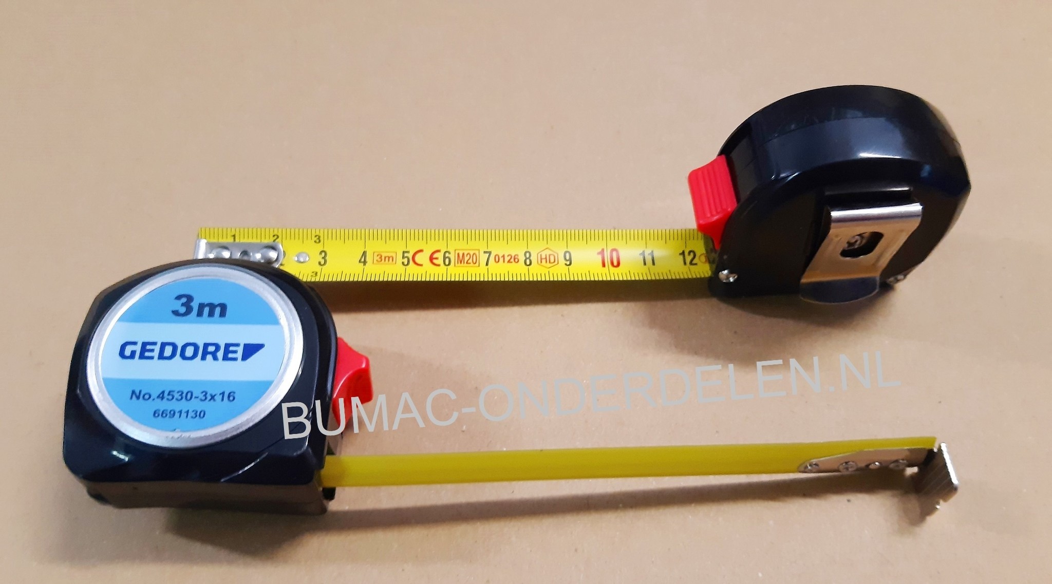 Stalen Rolmaat  3m x 16mm met Bevestigingsclip en Terugloopstop Maten in Millimeters Centimeter, Rolbandmaat, Meetlint, Maatlint