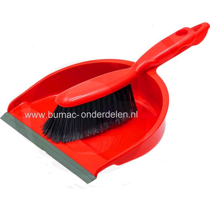 Set stoffer en veegblik van rood kunststof met ophangoog,  veegblik verdiept en met lip. De stoffer is vast te klikken aan het blik waardoor je ze makkelijk bij elkaar kunt houden. De scherpe rechte voorzijde is ontworpen voor eenvoudig en efficiënt vegen