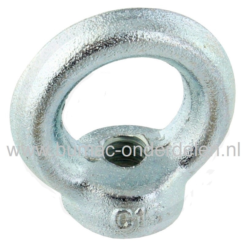 Verzinkte Oogmoer M8, Oogmoeren worden ook wel Ringmoeren, Oogbouten of Hijsogen genoemd. Door de ring is het erg geschikt voor het bevestigen van kabels De moer heeft een gesloten oog en wordt veelal gebruikt in combinatie draadeind, conform Din582