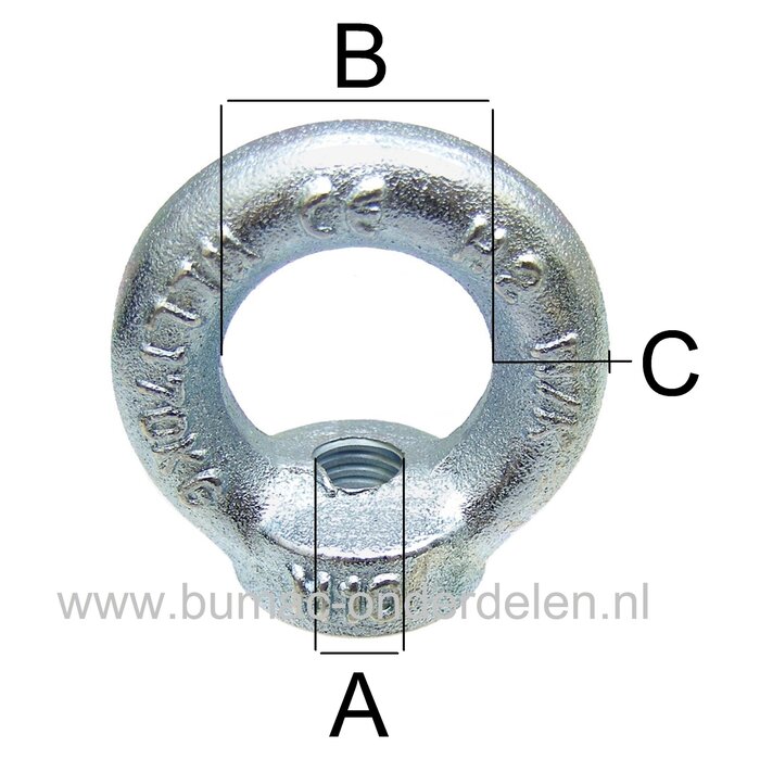 Verzinkte Oogmoer M10 Oogmoeren worden ook wel Ringmoeren, Oogbouten of Hijsogen genoemd. Door de ring is het erg geschikt voor het bevestigen van kabels De moer heeft een gesloten oog en wordt veelal gebruikt in combinatie met een draad, conform Din582