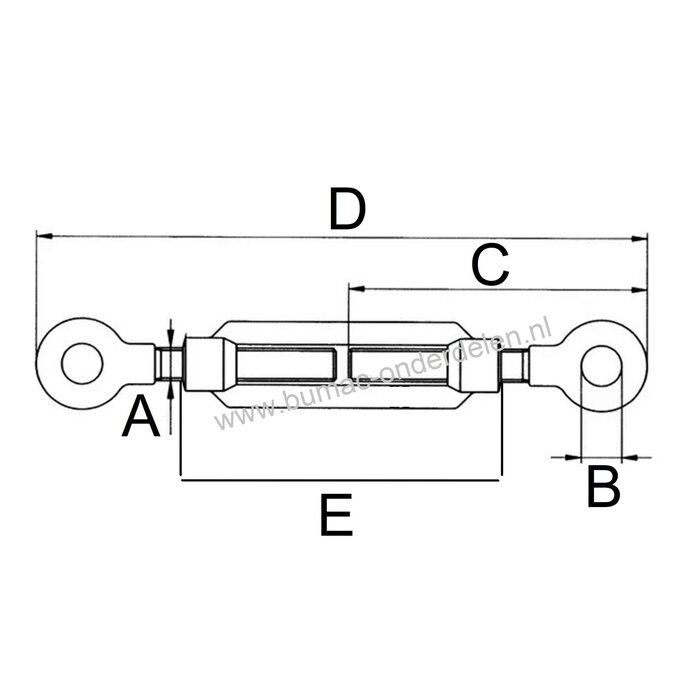 Spanschroef M6 - verzinkt-twee ogen- kan een ketting of kabel op spanning gebracht worden. Voor het opspannen van Constructies , Machines, Magazijnstellingen, Staalkabels, Spanwartel, Spanschroef, Schroefspanner of Draadspanner DIN1480