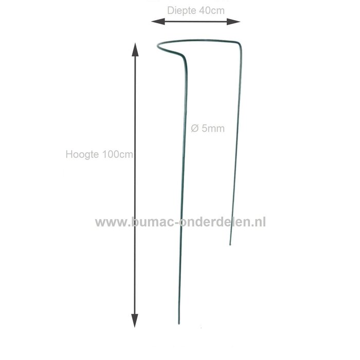 Plantensteun, struiksteun halfrond,100 cm, x 40cm Ø 5 mm, groen Halfronde steun voor struiken of vaste planten, Gemaakt van weerbestendig rond staal, Bedekt met groene polyester lak. Ter ondersteuning van vaste planten of struiken.