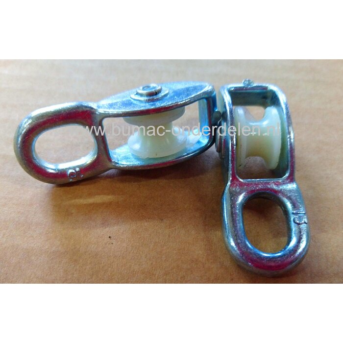 Katrol 6mm, Vast Oog, Verzinkt, Nylon Wiel Max belasting 200Kg Met een katrol is het onder meer mogelijk om zwaardere voorwerpen eenvoudig op te takelen. Maar ook om een kabel een hoek om te laten geleiden Katrollen worden voor verschillende klussen in en