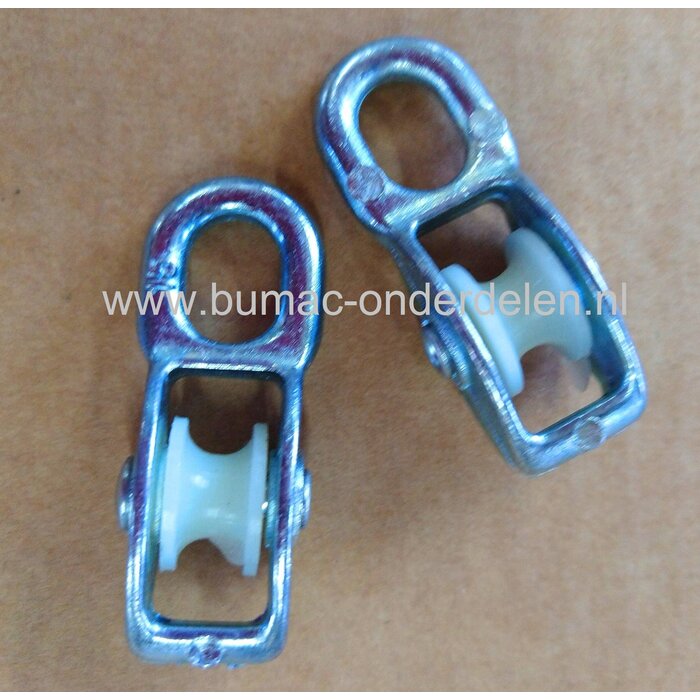 Katrol 7mm, Vast Oog, Verzinkt, Nylon Wiel Max belasting 230Kg Met een katrol is het onder meer mogelijk om zwaardere voorwerpen eenvoudig op te takelen. Maar ook om een kabel een hoek om te laten geleiden Katrollen worden voor verschillende klussen in en