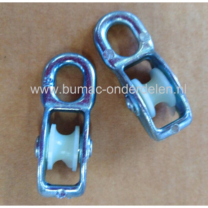 Katrol 9mm, Vast Oog, Verzinkt, Nylon Wiel Max belasting 300Kg Met een katrol is het onder meer mogelijk om zwaardere voorwerpen eenvoudig op te takelen. Maar ook om een kabel een hoek om te laten geleiden Katrollen worden voor verschillende klussen in en