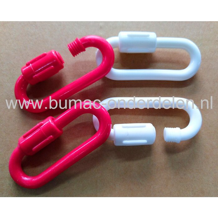Noodschalm Ø 6 mm met schroef met moer van kunststof, 2 stuks rood/wit  gebruikt u om een gebroken ketting te repareren of een ketting te verstevigen. U kunt met de Noodschalm ook twee kettingen aan elkaar verbinden