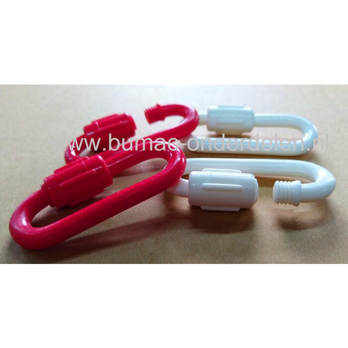 Noodschalm Ø 6 mm met schroef met moer van kunststof, 2 stuks rood/wit  gebruikt u om een gebroken ketting te repareren of een ketting te verstevigen. U kunt met de Noodschalm ook twee kettingen aan elkaar verbinden