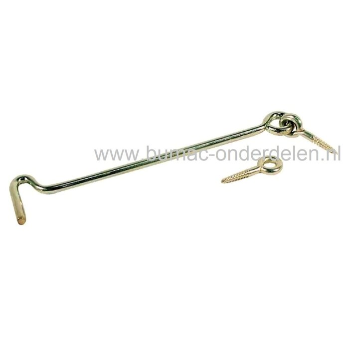 Windhaak 100 mm Vergrendelpen Ø 4 mm met Houtdraad Verzinkte Windhaak, Inclusief Schroefogen  Lange haak met Oogschroef,  Stormhaak, Deurhaak, Huis, Tuin, Bedrijf, Boot, Deuren, Ramen, Luiken, Meubels, Poort 100mm
