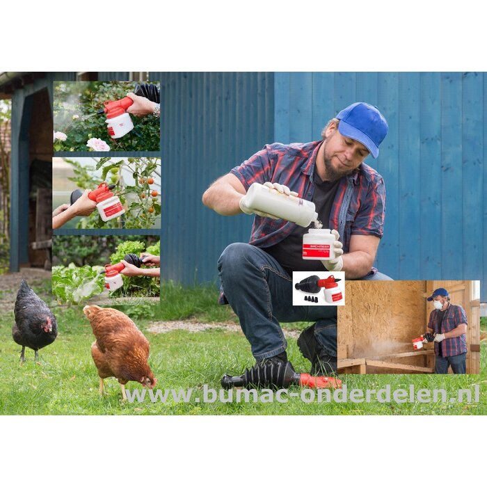 Poederverstuiver, handig, klein en licht voor huis, erf en tuin. Grote blaasbalg, creëert een fijne poederwolk Vijf verwisselbare ronde, hoekige- en vlakke straal mondstukken voor universele toepassingen Doorzichtige kunststof tank met een grote vulopeni