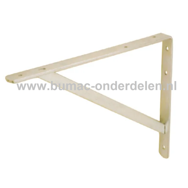 Verzinkte Plankdrager 200x300 mm met demontabele schoor met Montagegaten boven 6 mm, zijkant 8 mm Een plankendrager is een stalen verbindingsmiddel waardoor je een plank stevig aan de muur kunt bevestigen/monteren