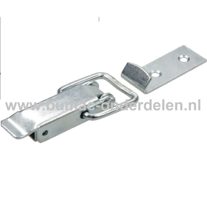 Eierkistsluiting 105 mm Verzinkt Hang- en sluitwerk waarmee kisten en transport kisten stevig en gemakkelijk af te sluiten zijn Gemakkelijk te monteren op een vlakke ondergrond Eierkistsluiting, Sluiting, Kistsluiting, Kisten, Haak, Slothaak
