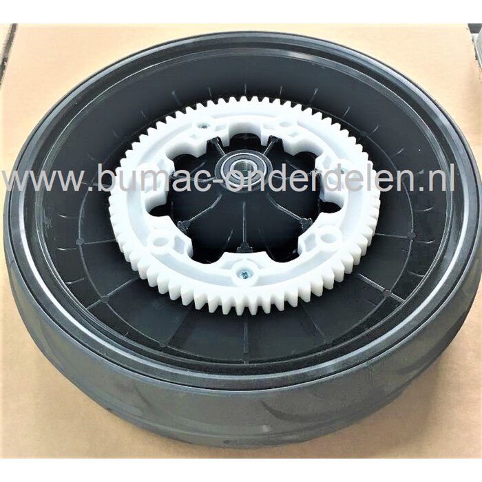 Aandrijfwiel 300 mm Ø voor Stiga, Mountfield, Alpina, Castelgarden Grasmaaiers, XSP50BS, XSP55BS, XSP52MB, Excel 50S, BT6548TBPRO, Excel 55SQ, OEK Profi, Plus5312, Turbo Excel 55 series, Turbo Excel 50S, Turbo X350S, Turbo X355S, Gelagerd Wiel met Tandwi