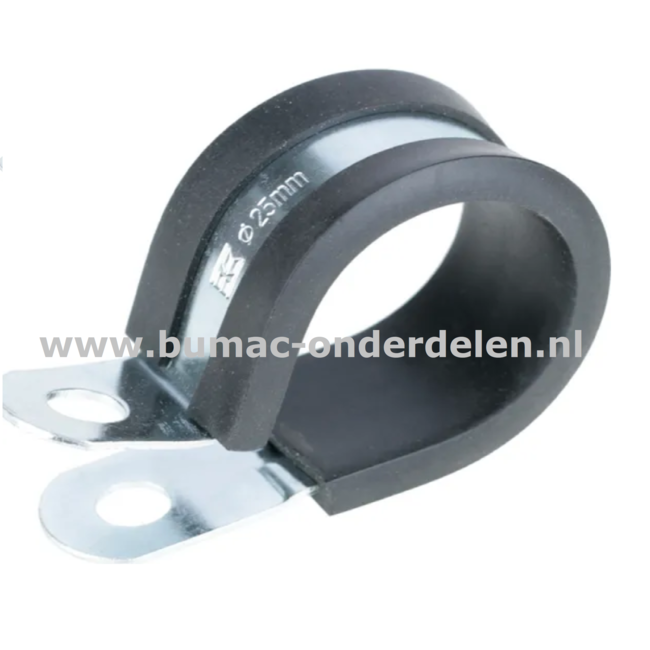 Leidingklem 24 mm Verzinkte klem voor PVC buizen, Kabels, Ø 24 mm, rubberen inleg trilling demping, functioneert, bescherming, Zitmaaier, Trekker, Shovel, Minikraan, Hydrauliekslang, Brandstofslang, Clip, Beugel, Buisbeugel, Koper, IJzer