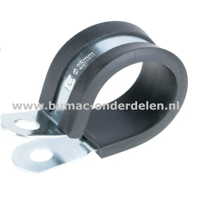 Leidingklem 24 mm Verzinkte klem voor PVC buizen, Kabels, Ø 24 mm, rubberen inleg trilling demping, functioneert, bescherming, Zitmaaier, Trekker, Shovel, Minikraan, Hydrauliekslang, Brandstofslang, Clip, Beugel, Buisbeugel, Koper, IJzer