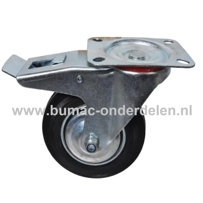 Zwenkwiel 100 mm met Rem Een Zwenkwiel is een wiel dat bewegingen naar alle kanten kan uitvoeren De Zwenkwielen hebben een massieve zwarte rubberband De wielkern is gemaakt van geperst plaatstaal en voorzien van een stalen rollager De Vastzetter werkt in