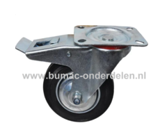 Zwenkwiel 200 mm met Rem Een Zwenkwiel is een wiel dat bewegingen naar alle kanten kan uitvoeren De Zwenkwielen hebben een massieve zwarte rubberband De wielkern is gemaakt van geperst plaatstaal en voorzien van een stalen rollager De Vastzetter werkt in