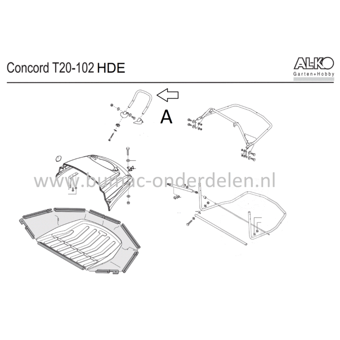 Handgreep voor Vangbak op onder andere Alko, Solo, Brill Zitmaaiers met Handmatige-, Gasveer- of Elektrische baklediging T20-102HD, T20-102HDE, Greep, Hendel, T 20-102 HD, T 20-102HDE