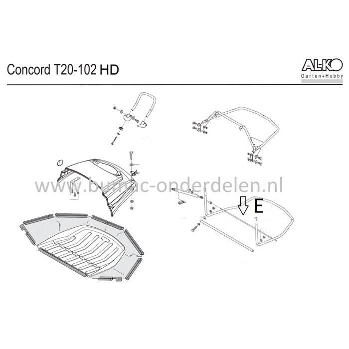 Dwarsstang voor onder andere Alko, Solo, Brill Zitmaaiers met Handmatige - of Gasveer Baklediging T20-102HD, Buis onder, Stang onder Vangbak, T 20-102 HD