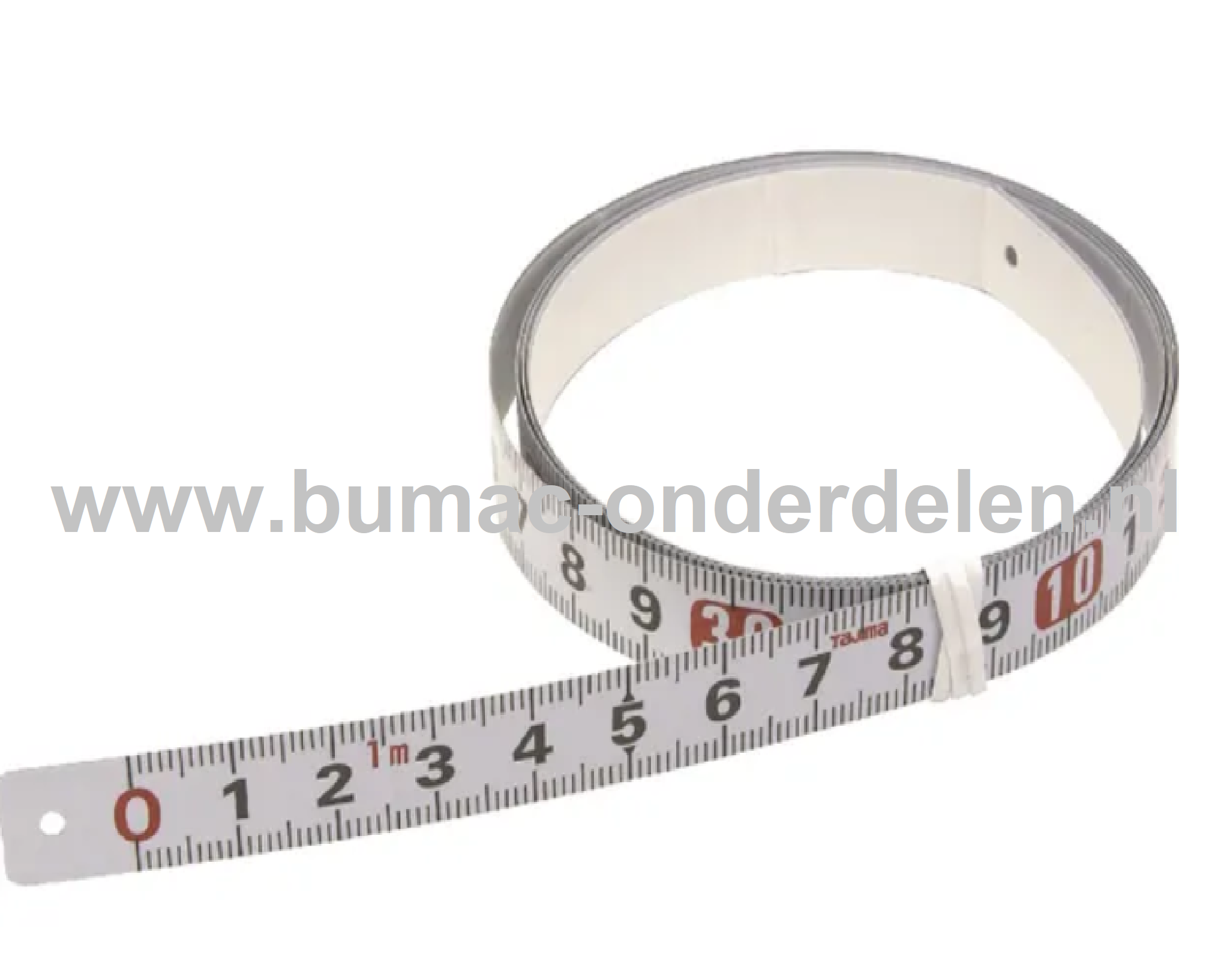 Stalen Meetlint 2 Mtr x 13 mm Zelfklevende Meetlint met een millimeter verdeling aan de boven- en onderzijde van het lint De centimetergetallen zijn in het zwart afgebeeld en de decimetergetallen in het rood Meetlint, Maatlint, Plakrand, Zelfklevend, Rolb