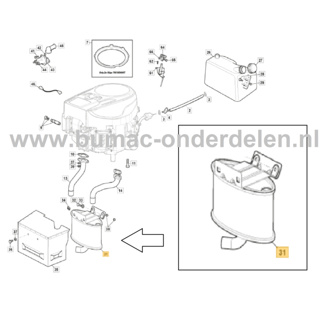 Uitlaat voor Castelgarden, Stiga, Alpina, Mountfield 1736H Twin, 22/118H, AT6102HWA, BA185G102HE, CM7125H, ED102HK, ESTATE 5092HW, FORMULAGT, GTX36H, IMOLA TWIN, LA200K118H, NJ 92 Hydro, NJU92, PA165KB102H, PGX175HD, PTX175HD, PTX180HD, PTX190HD, R