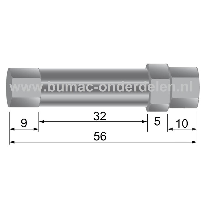 Regelschroef voor Binnenkabels T/m Ø 3 mm - Buitenkabels T/m Ø 8 mm Lengte 56 mm, Buskop Lengte 9 mm, Schroefkop Lengte 10 mm, Bus Lengte 32 mm Afstelschroef voor Het Zelf Samenstellen van Bedieningskabels als Stuurkabel - Koppelingskabel - Gaskabel - Rem