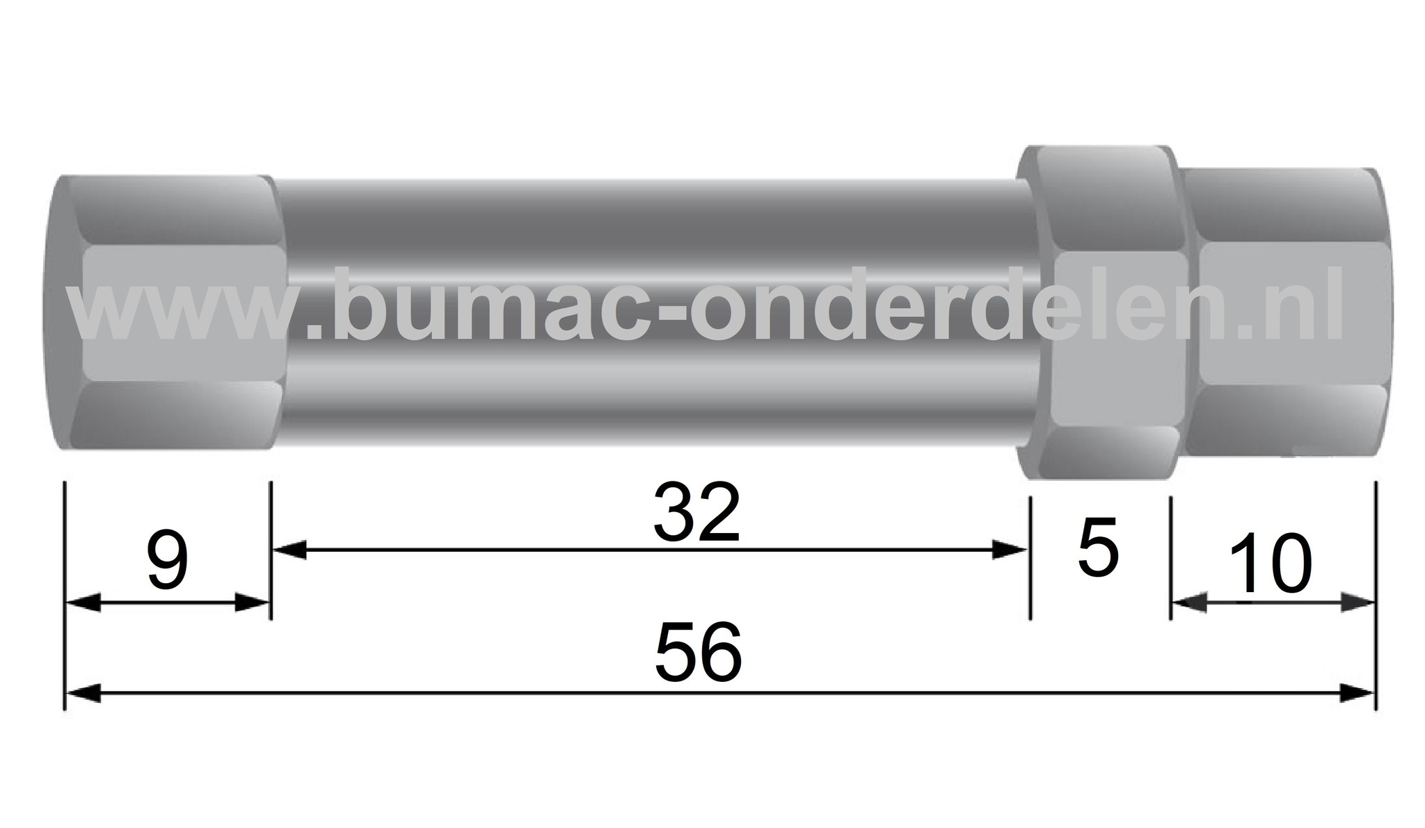 Regelschroef voor Binnenkabels T/m Ø 3 mm - Buitenkabels T/m Ø 8 mm Lengte 56 mm, Buskop Lengte 9 mm, Schroefkop Lengte 10 mm, Bus Lengte 32 mm Afstelschroef voor Het Zelf Samenstellen van Bedieningskabels als Stuurkabel - Koppelingskabel - Gaskabel - Rem