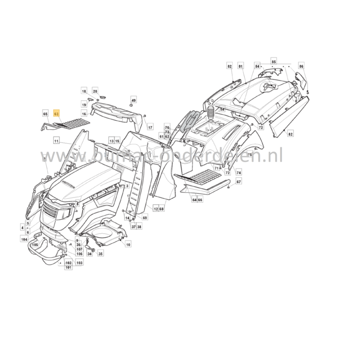 Voetsteun Rechts voor Castelgarden, Stiga, Mountfield, Alpina Zitmaaiers, Tuintrekkers 1440H, 1440M, 1540H, 1640H, 17/102, 1740H, 1840H, 2040H, 22/122H, 2248H, Estate 7102HWS, Estate Royal K, GT40H, PTX160HD, PTX200HD, TCX102, TN185H, TN220HE, TNS102 Hydr