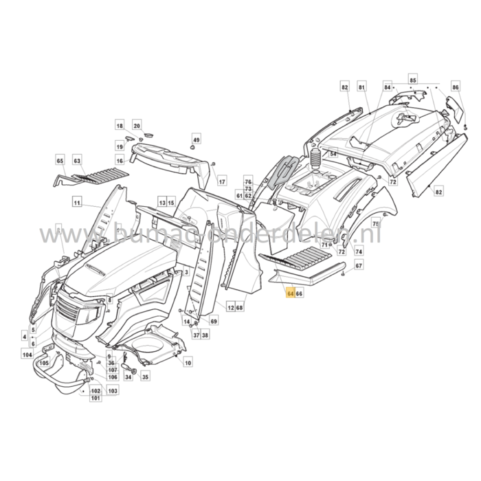 Voetsteun Links voor Castelgarden, Stiga, Mountfield, Alpina Zitmaaiers, Tuintrekkers 1440H, 1440M, 1540H, 1640H, 17/102, 1740H, 1840H, 2040H, 22/122H, 2248H, Estate 7102HWS, Estate Royal K, GT40H, PTX160HD, PTX200HD, TCX102, TN185H, TN220HE, TNS102 Hydr