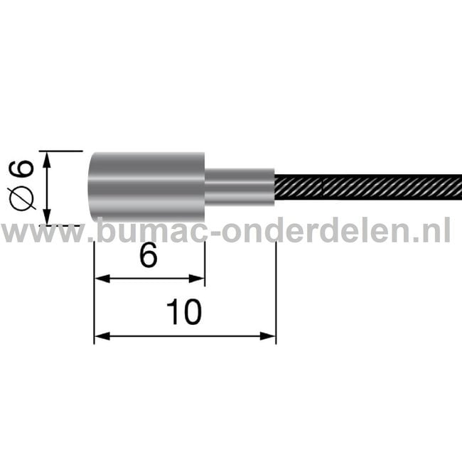 Flexibele Kabel met Ton voor Koppelingskabel, Remkabel, Bedieningskabel Veegmachine, Tuinfrees, Grasmaaier, Zitmaaier, Frontmaaier, Trekker, Kooimaaier, Verticuteermachine Kabel Lengte 2500 mm - Ø 2 mm, Ton Ø 6x6 mm