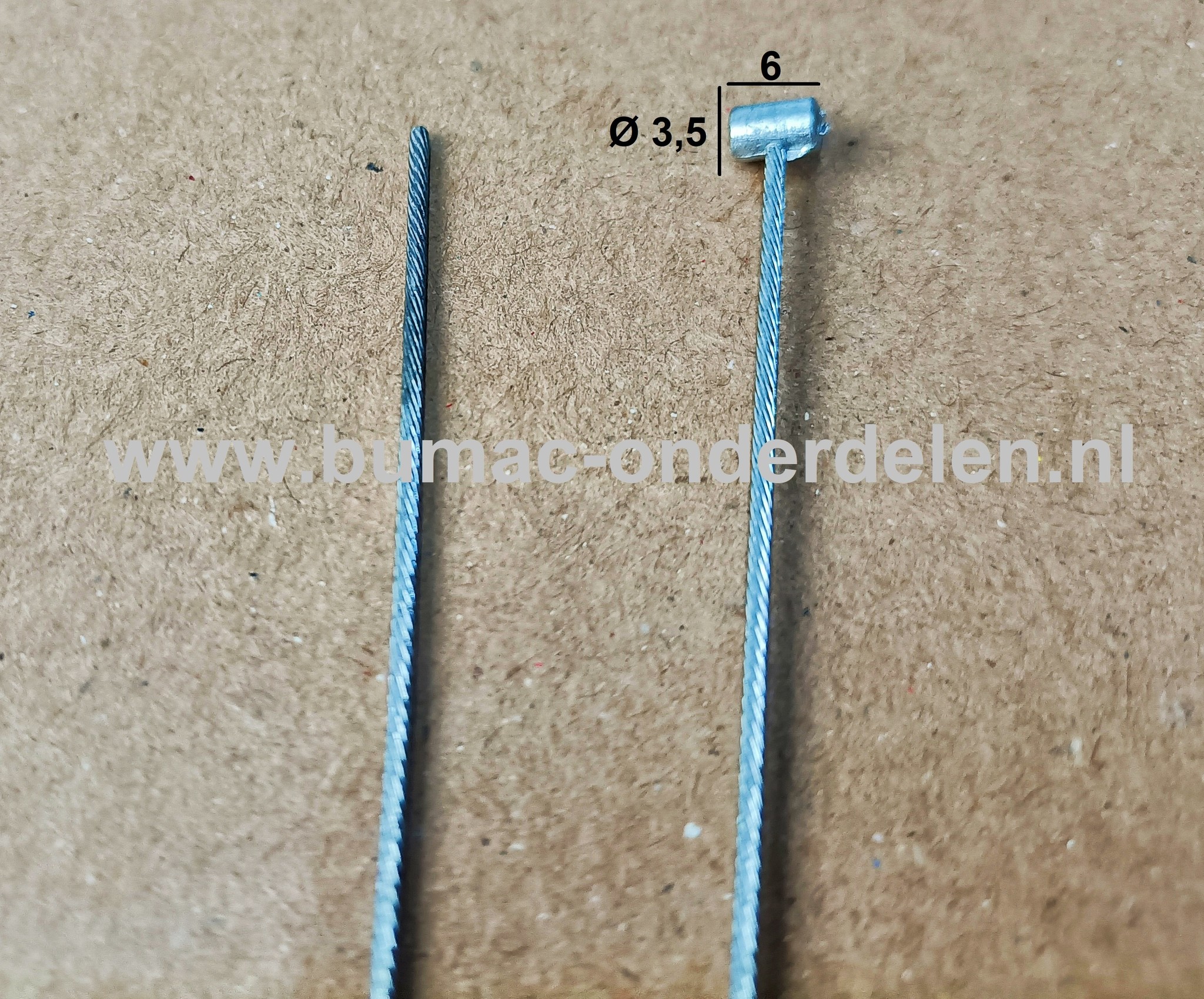 Flexibele Kabel met Ton voor Koppelingskabel, Remkabel, Bedieningskabel Veegmachine, Tuinfrees, Grasmaaier, Zitmaaier, Frontmaaier, Trekker, Kooimaaier, Verticuteermachine Kabel Lengte 2500 mm - Ø 1,2 mm, Ton Ø 6x3,5 mm