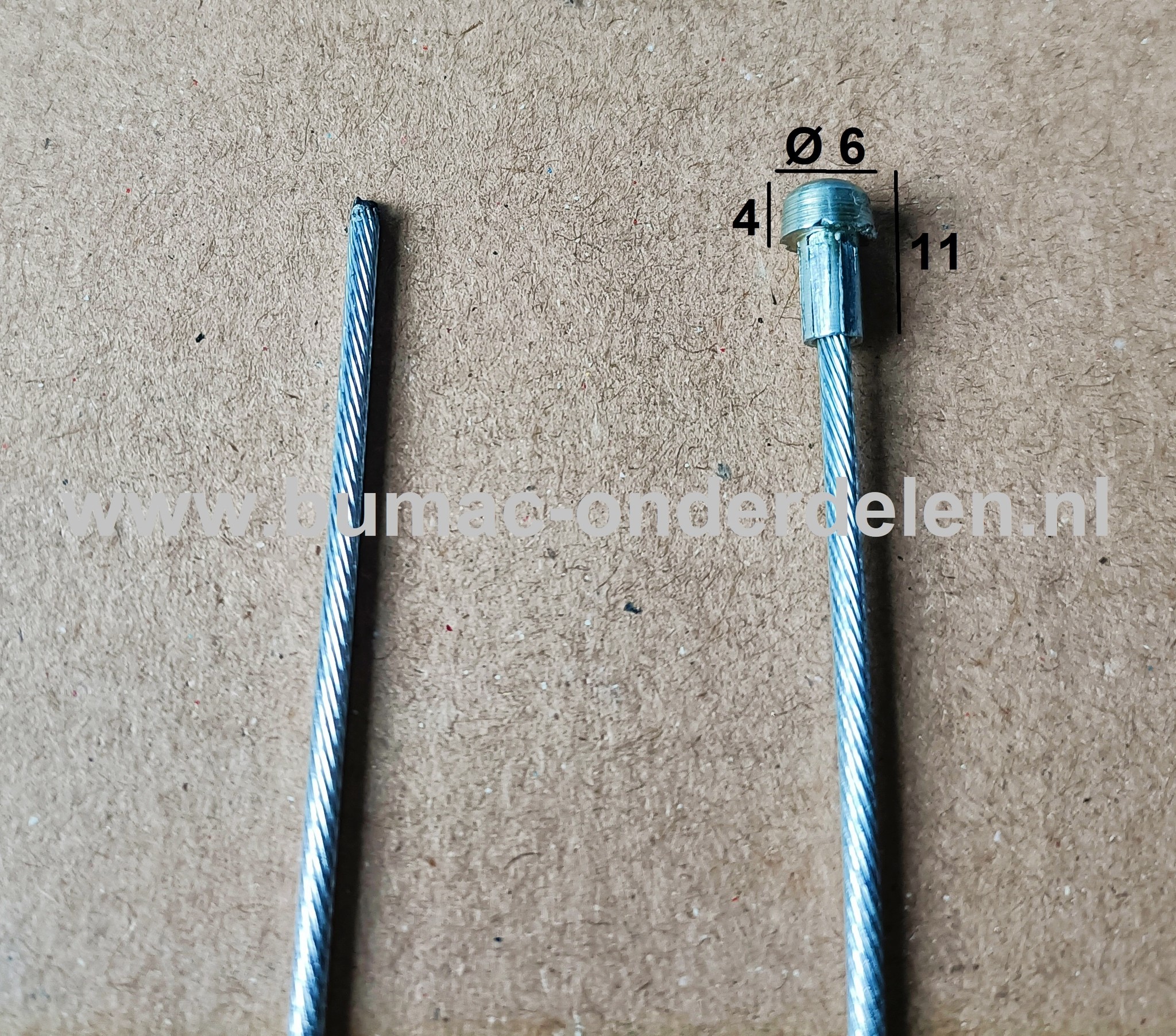 Flexibele Kabel met Ton voor Koppelingskabel, Remkabel, Bedieningskabel Veegmachine, Tuinfrees, Grasmaaier, Zitmaaier, Frontmaaier, Trekker, Kooimaaier, Verticuteermachine Kabel Lengte 2500 mm - Ø 2 mm, Ton Ø  6x4x11 mm