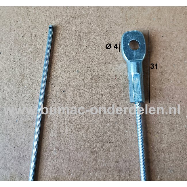 Flexibele Kabel met Oog voor Koppelingskabel, Remkabel, Bedieningskabel Veegmachine, Tuinfrees, Grasmaaier, Zitmaaier, Frontmaaier, Trekker, Kooimaaier, Verticuteermachine Kabel Lengte 1800 mm - Ø 2 mm, Oog Ø 4x31 mm